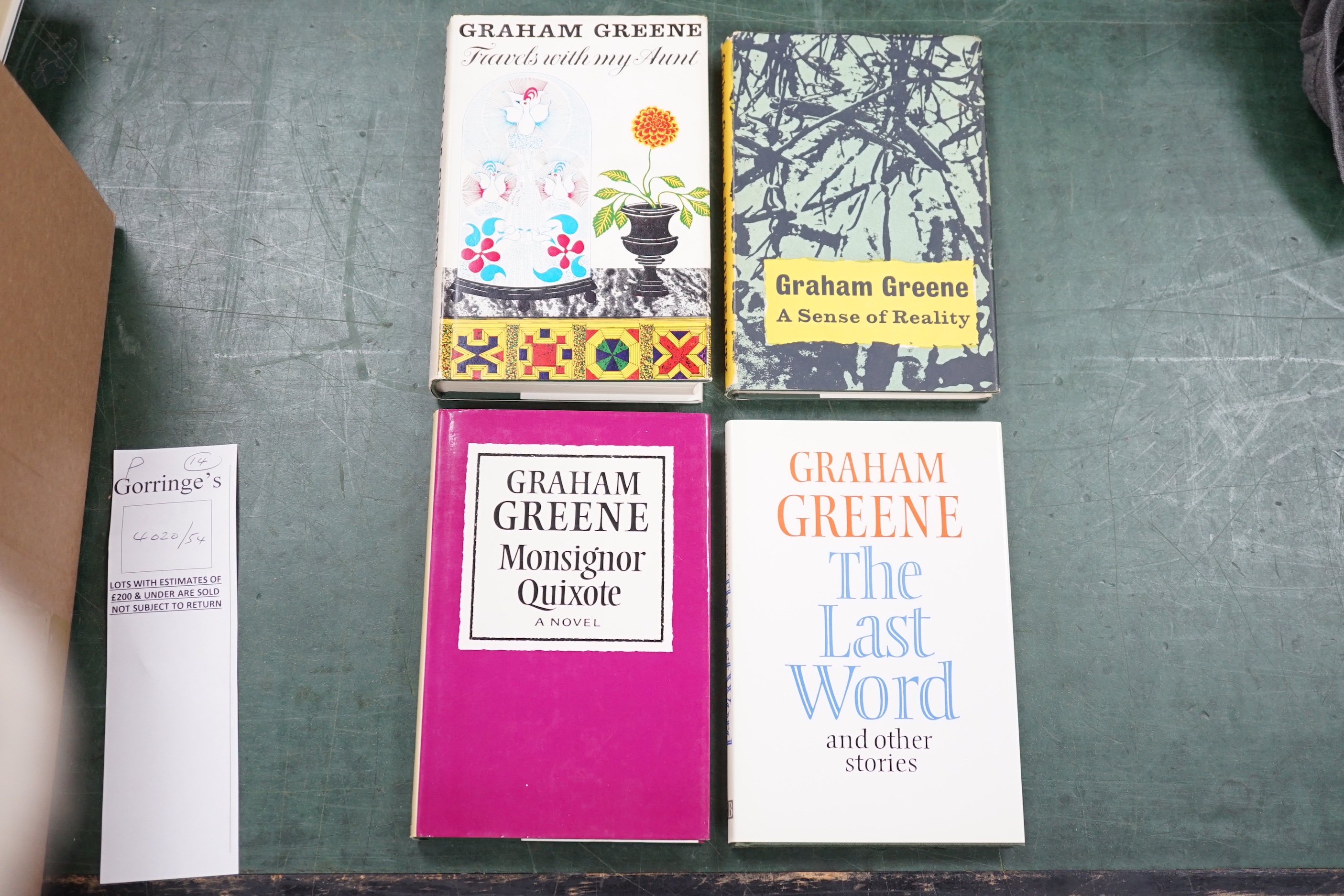 Greene, Graham - 14 works, all 1st editions, in d/j’s:- Monsignor Quixote, 1982; A Sense of Reality, 1963; Travels with my Aunt, 1969; The Tenth Man, 1985; Doctor Fischer of Geneva or The Bomb Party, 1980; May We Borrow